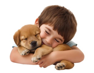 Smiling little boy hugging a fluffy puppy, isolated on transparent cutout background
