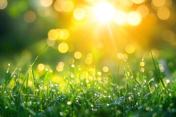 Obraz premium With the sunrise, spring's dew-kissed grass in the vibrant meadow comes to life