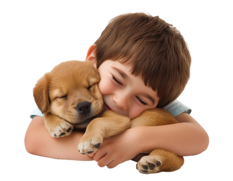 Smiling little boy hugging a fluffy puppy, isolated on transparent cutout background