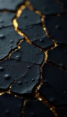 Obraz premium Dark gold accents on cracked black surface, showing deep texture , background, weathered, macro