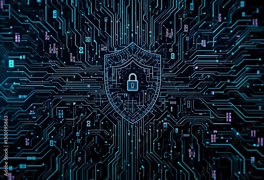 Aufkleber secured data network with shield and padlock illustrating cyber security