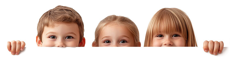 Three curious children peeking over a white banner, isolated on transparent cutout background