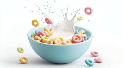 Bowl of colorful breakfast cereal,fruit cereal crispy with milk isolated on a white background,pastel Cereal cornflakes,Happy Cereal day,space for text.