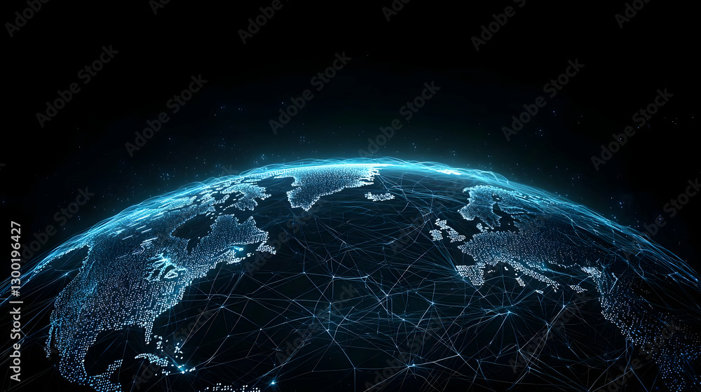Poster abstract digital globe displaying network connections and data flow in blue light