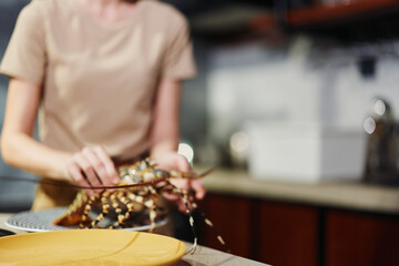 Woman in apron preparing food in kitchen with plate on counter, cooking at home concept