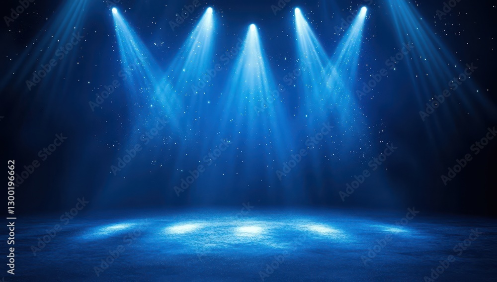 Poster dramatic stage lighting with blue spotlights illuminating an empty stage with sparkling dust particl