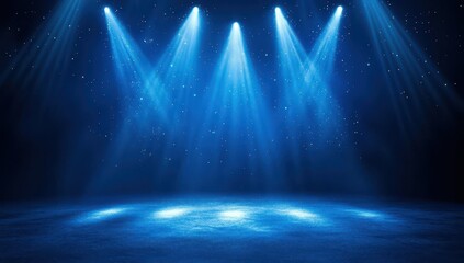Fototapeta premium Dramatic Stage Lighting with Blue Spotlights Illuminating an Empty Stage with Sparkling Dust Particles and Deep Shadows, Perfect for Event Backgrounds