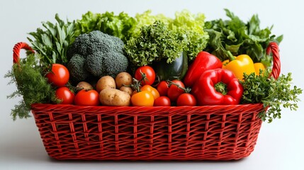 Fresh vegetables filling a red wicker basket on white background