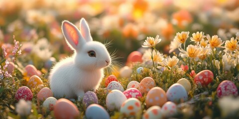 Cute white bunny sitting among colorful Easter eggs in a vibrant flower-filled meadow during springtime
