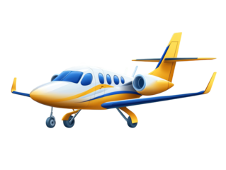 Small yellow airplane with black and white stripe soaring through the blue sky