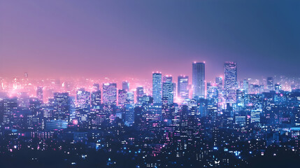 Naklejka premium Night cityscape panoramic view, urban skyline illuminated, twilight glow, distant lights, website banner
