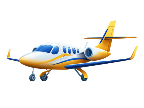 Small yellow airplane with black and white stripe soaring through the blue sky