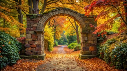 Winding path through autumn leaves leading to stone archway, scenic route