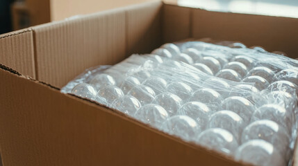 Fototapeta premium Bubble wrapped fragile items inside open moving box, ready for transport