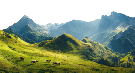 Herd of cows grazing on a lush green alpine meadow, isolated on transparent cutout background