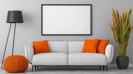A stylish living room showcasing a plush couch and a green plant creating a serene and comfortable environment