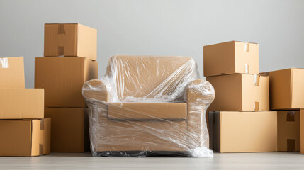 Armchair wrapped in protective plastic surrounded by cardboard boxes in room