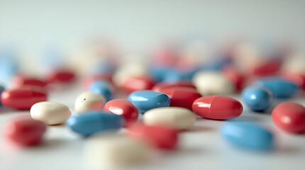 Scattered Red Blue White Pills Medication Tablets Close-Up on White Surface