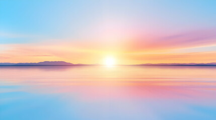 Fototapeta premium Serene sunrise over calm lake, pastel sky reflecting, distant mountains, peaceful nature scene for meditation or travel