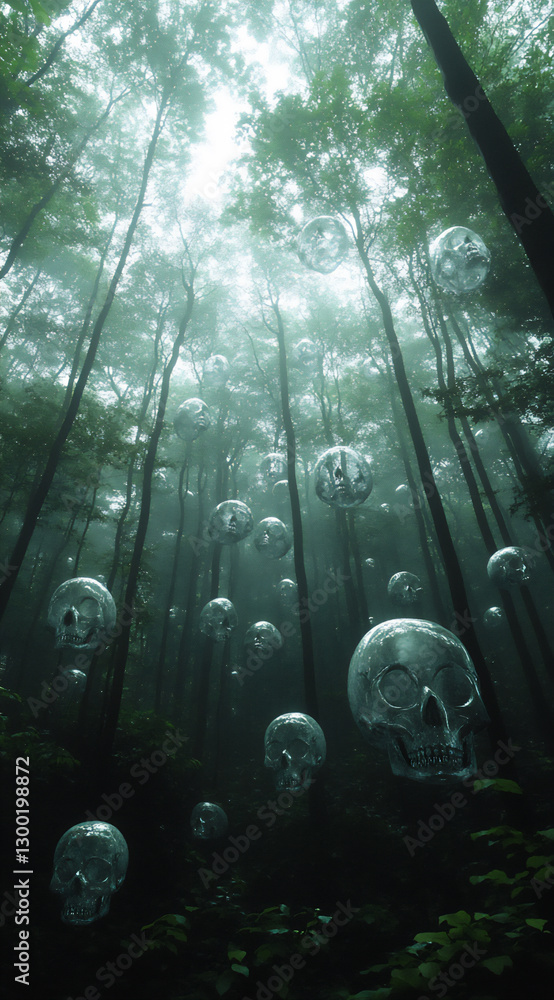 Poster a misty forest with mysterious fog and ghostly skulls floating in the air,