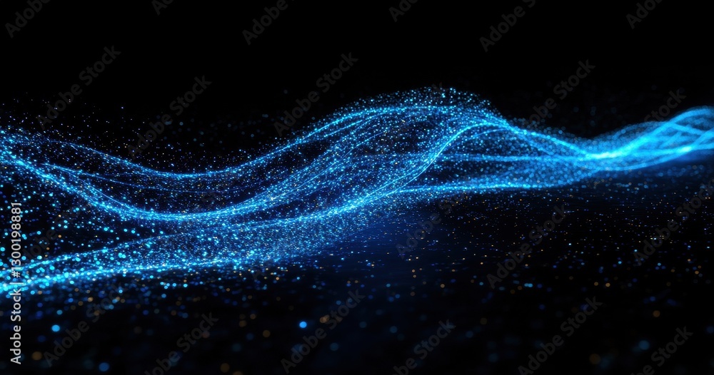 Poster dynamic blue particle wave with glowing effects in dark background for abstract and technology image