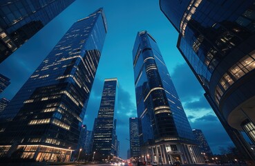 Modern glass office buildings at night. Skyscrapers in business district, city financial center. Tall towers architecture, urban metropolis panorama with corporate exterior, commercial facades. Real
