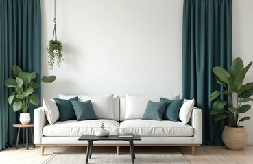 Modern living room interior with comfortable white couch and teal pillows. Minimalist design with plants, curtains, coffee table and copy space on white wall. Stylish home decor background.