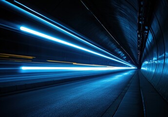 Dynamic Light Trails Through an Underground Tunnel Showcasing Motion and Transportation with Futuristic Aesthetic and Deep Blue Lighting Effects