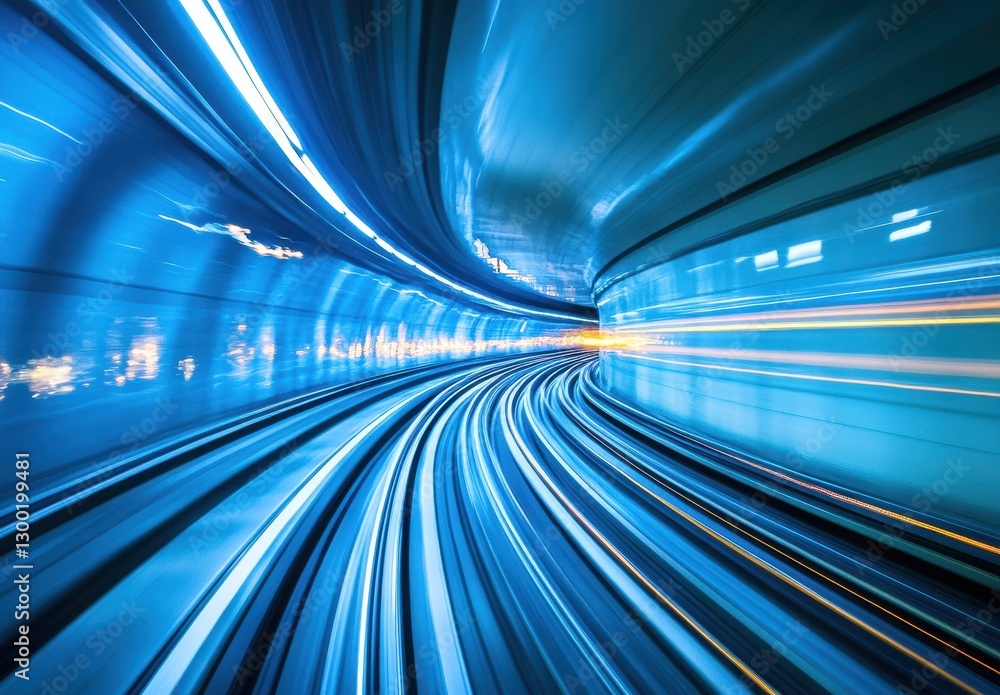Poster dynamic motion of urban train in a blue-toned tunnel capturing speed and energy in an abstract style