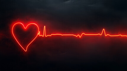 Human heart on a black background in red neon lines - banner - copy text	