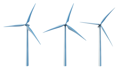 Modern wind turbines for renewable energy, isolated on transparent cutout background