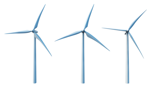 Modern wind turbines for renewable energy, isolated on transparent cutout background