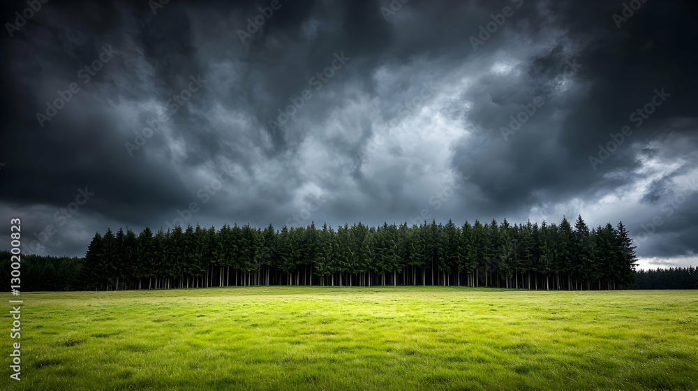 Poster dark storm clouds hovering over lush green field and row of trees