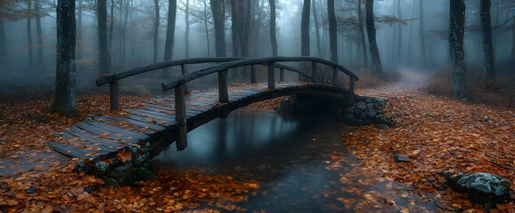 Misty Autumn Forest With Wooden Bridge Over Creek