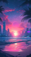 Obraz premium An artificial sunset illuminates a coastal city skyline at dusk