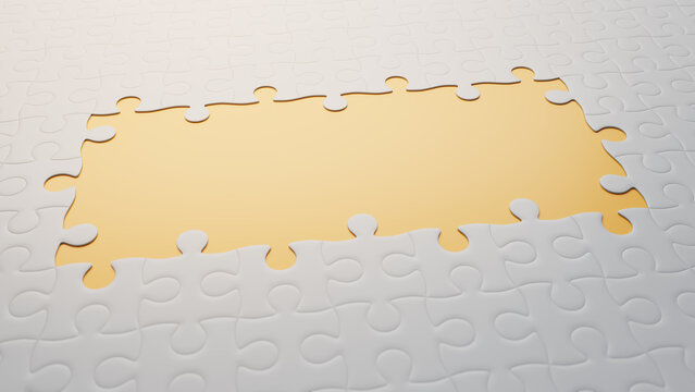 Unsolved Mystery: White Jigsaw Puzzle with Missing Pieces Over Yellow