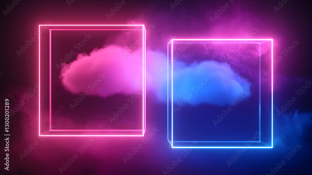 Poster abstract composition with two glowing neon frames surrounding pink and blue clouds on dark backgroun