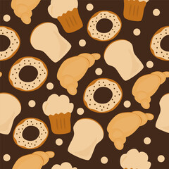 A seamless pattern featuring a variety of hand-drawn bread and bakery goods
