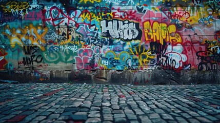 Naklejka premium Vibrant Urban Graffiti Wall with Colorful Art and Impressive Street Expression in Urban Environment