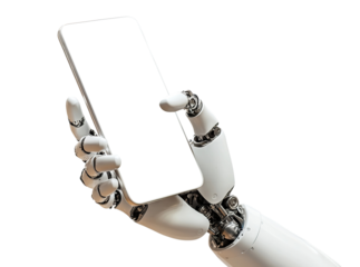 Robotic hand holding a blank smartphone, isolated on transparent cutout background