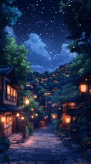 a night sky with stars, a city in the distance,