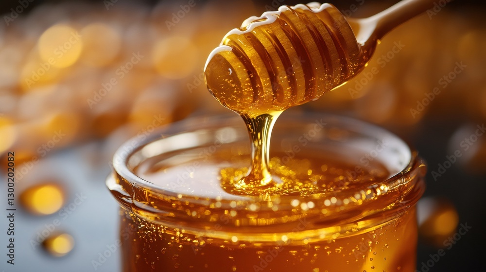 Poster honey dripping from honey dipper into jar with golden bokeh background