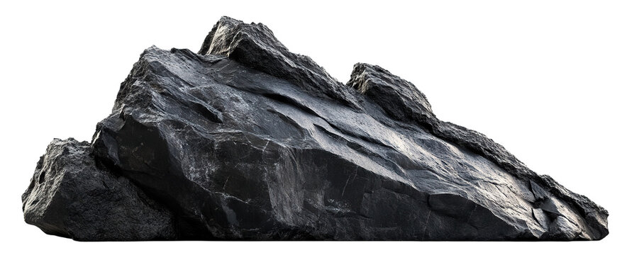 Large dark rugged rock formation, isolated on transparent cutout background