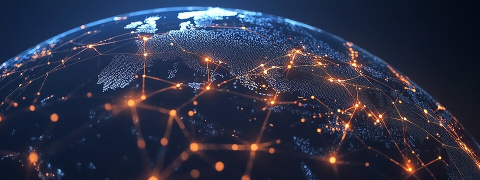 Global business network connections, abstract international collaboration scene with futuristic design, symbolizing the digital age and cross-border partnerships in a chaotic, interconnected world.