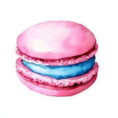 Watercolor Pink Macaron with Blue Filling, Isolated