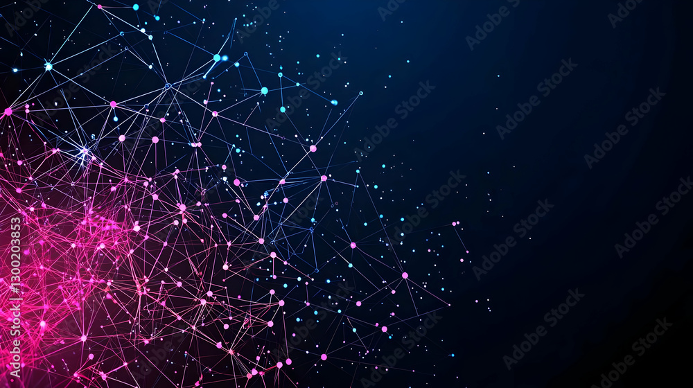 Poster abstract digital network of glowing dots and lines against dark blue backdrop
