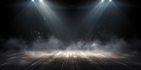 Empty stage floor with spotlights shining, fog effects. Background for shows, events, theater, and performing arts