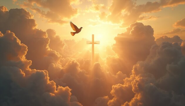 Dove flies to glowing cross through cloudy sky. Religious conceptual theme of faith and hope. Spiritual symbol of Christianity and sacrifice, love and peace, faith and religion.