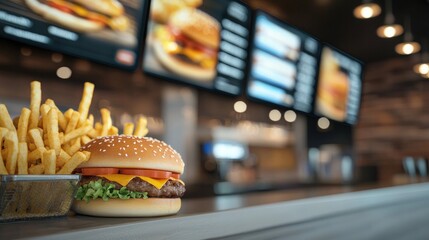 Engaging menu board mockup of burger and fries fast food restaurant digital display cozy atmosphere close-up view
