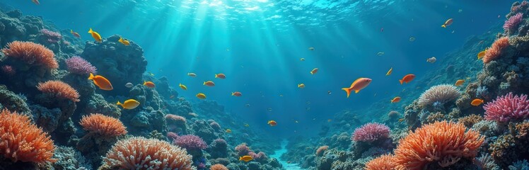 Fototapeta premium Underwater panoramic view of coral reef with colorful fish. Turquoise ocean water surface calm, sunlight shining through. Marine life swims around corals, creating enchanting display colors, beauty.